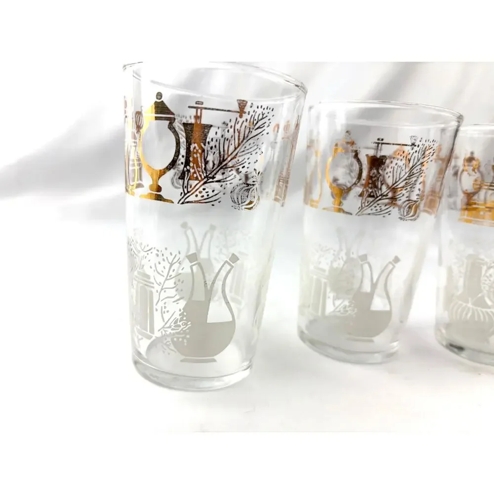 Vintage Federal Glass Tumblers Set of 4 Clear Drinking Glass Gold Accent Design‎